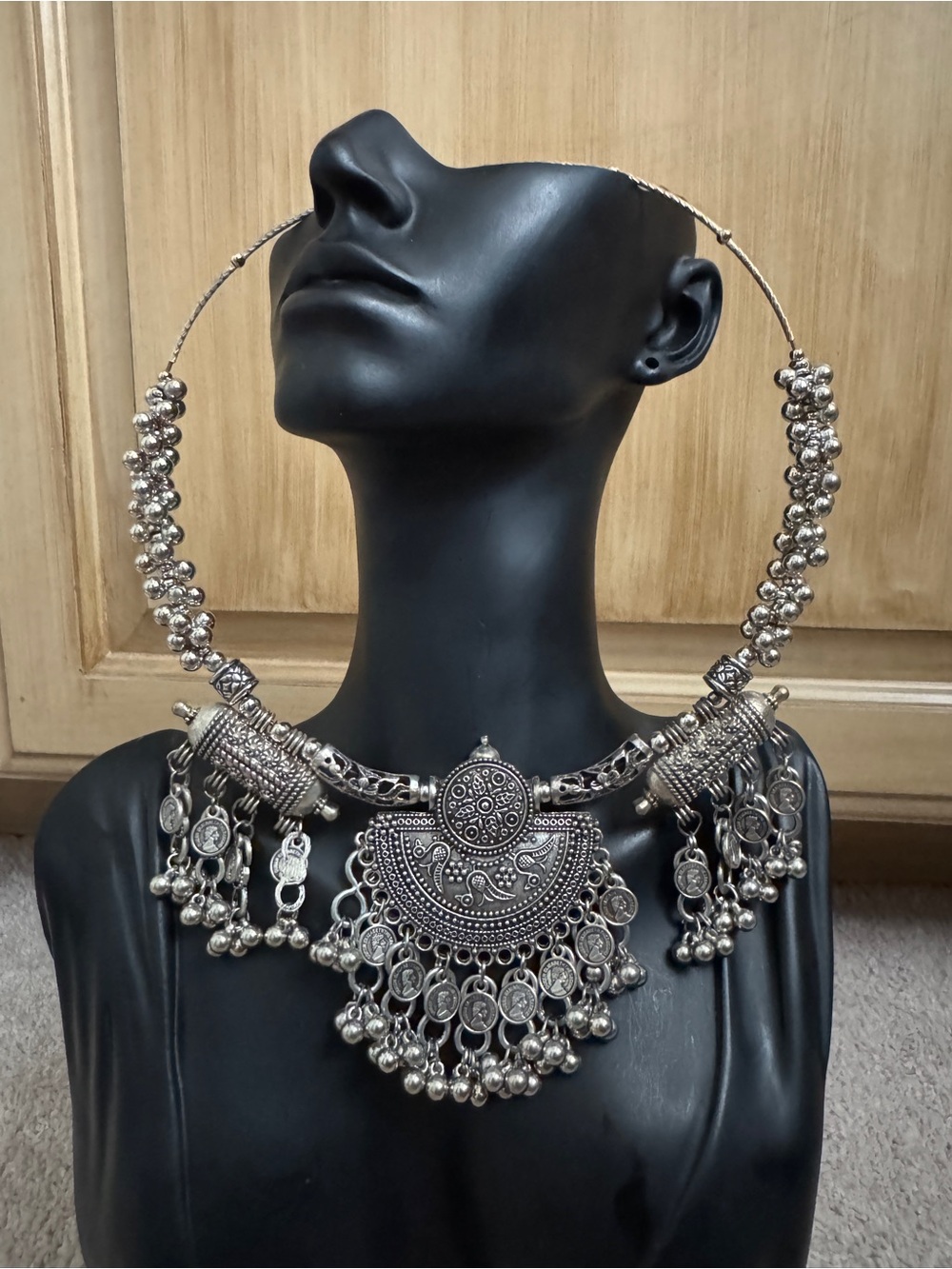 Bohemian Statement Silver-Tone Tribal Bib Necklace